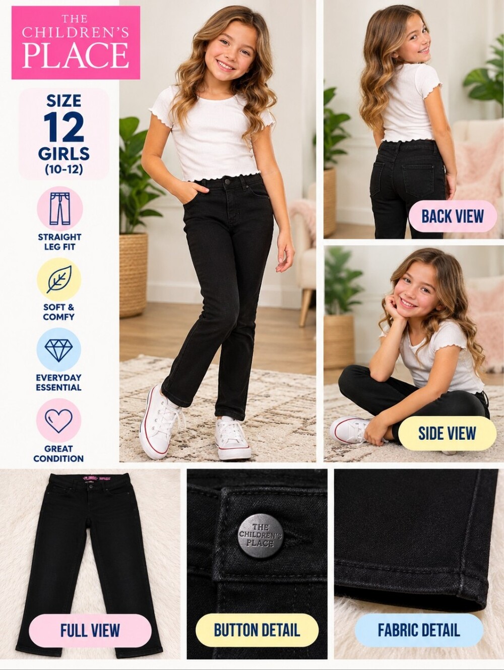 Children's Place girls size 12 black denim jeans #01
